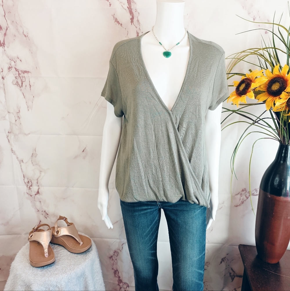 We The Free Free People Wrap Front Top Olive Green Boho Draped V Neck Blouse - Picture 2 of 6